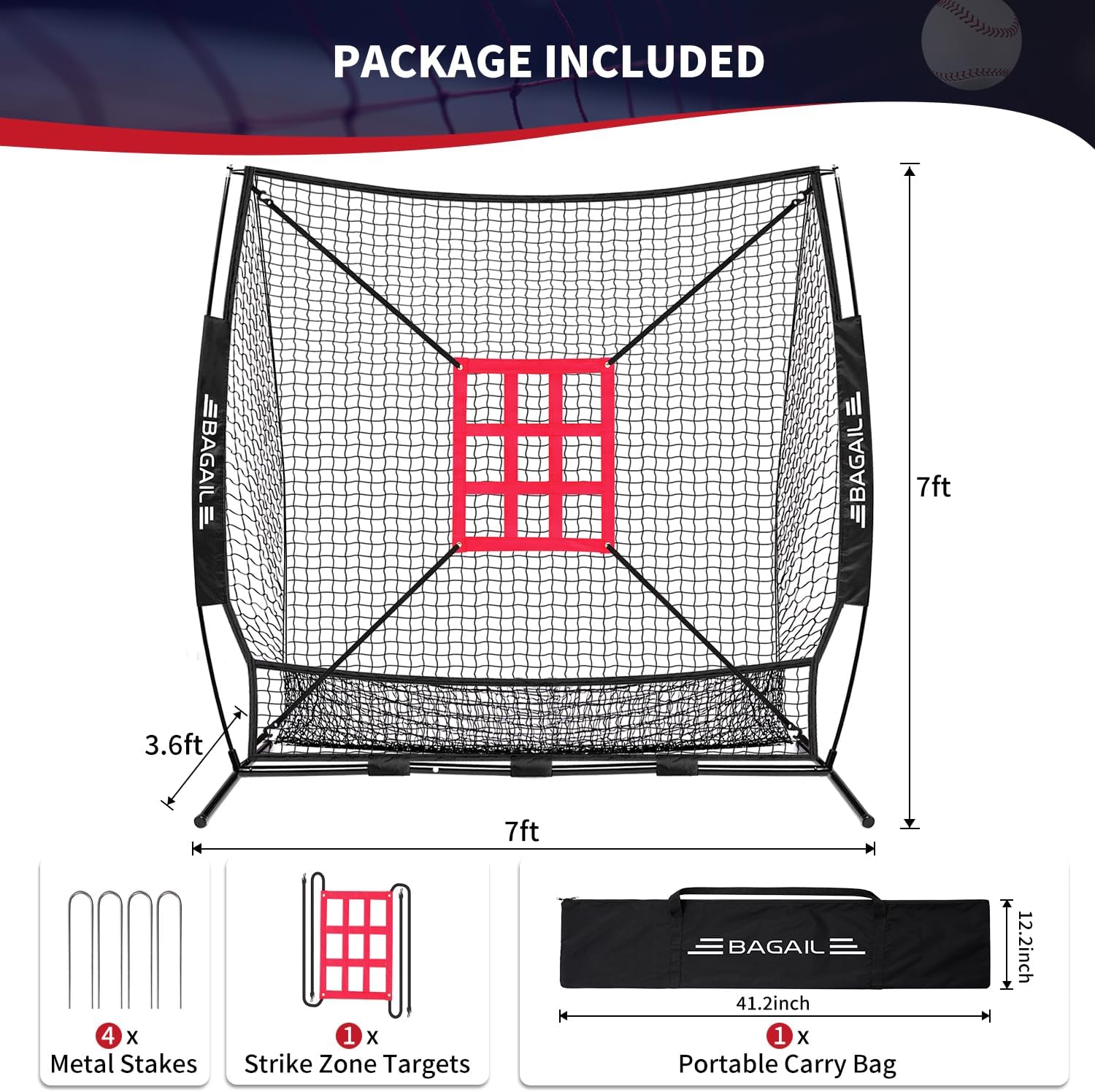 7X7 Ft Baseball & Softball Practice Net with Bow Frame for Batting, Hitting, Pitching, Portable Baseball Throwing Net with Strike Zone, Carry Bag, Baseball Training Aid for All Levels