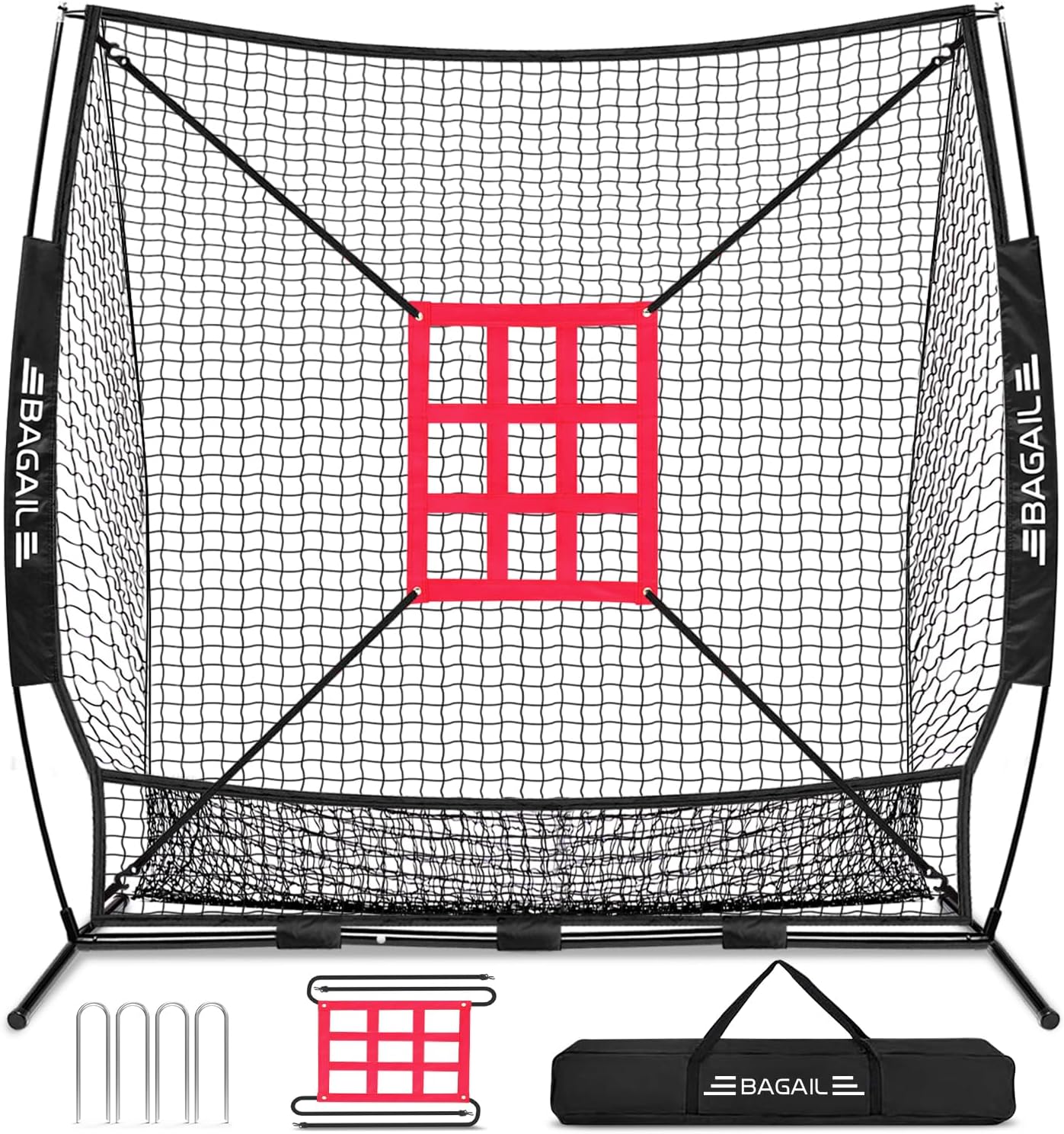 7X7 Ft Baseball & Softball Practice Net with Bow Frame for Batting, Hitting, Pitching, Portable Baseball Throwing Net with Strike Zone, Carry Bag, Baseball Training Aid for All Levels