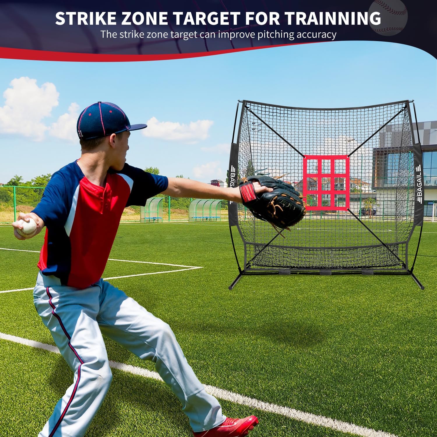 7X7 Ft Baseball & Softball Practice Net with Bow Frame for Batting, Hitting, Pitching, Portable Baseball Throwing Net with Strike Zone, Carry Bag, Baseball Training Aid for All Levels